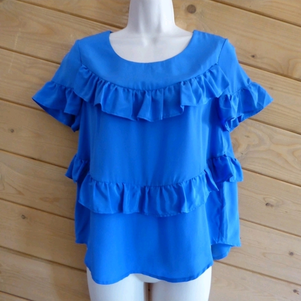 Anthropologie Top - HD in Paris- Tiered Mid 100% Silk Ruffle Blue Shirt Size XS
